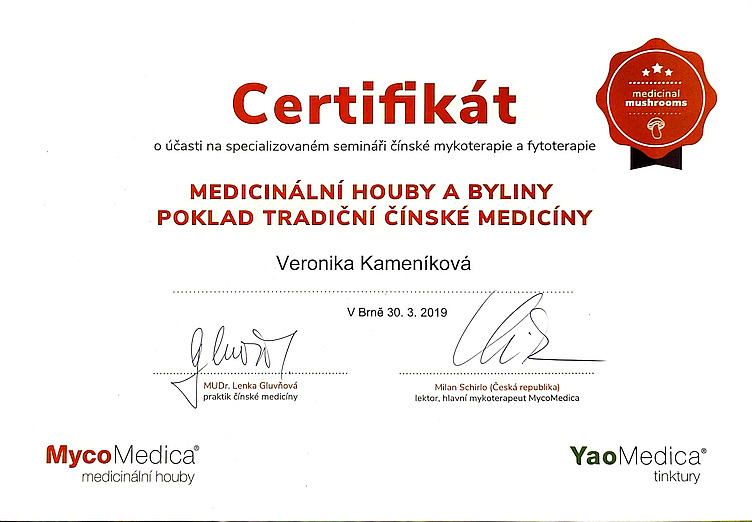 Veronika Kameníková - certifikát MycoMedica