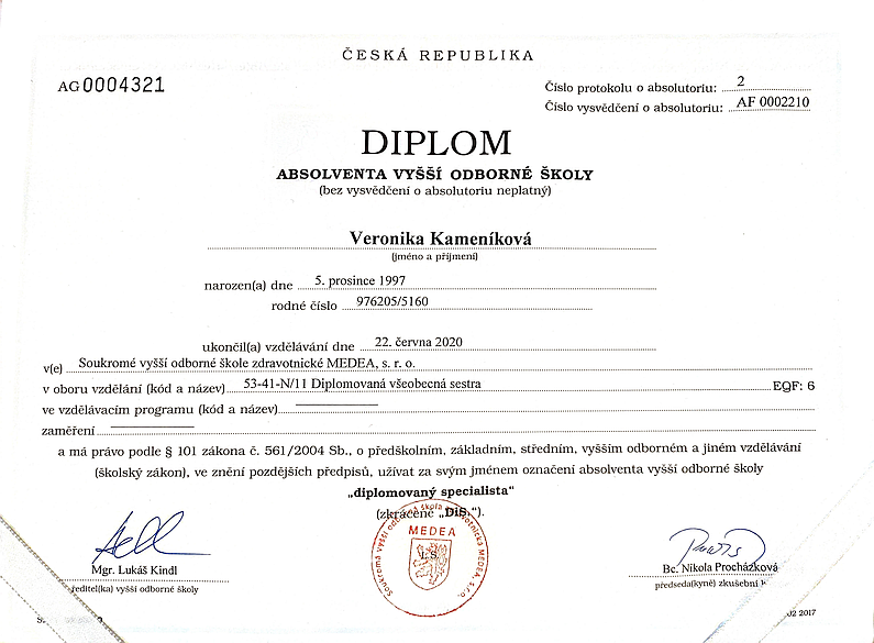 Veronika Kameníková - diplom MEDEA, s.r.o.