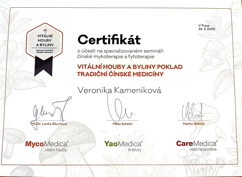 Veronika Kameníková - certifikát vitálni houby a byliny